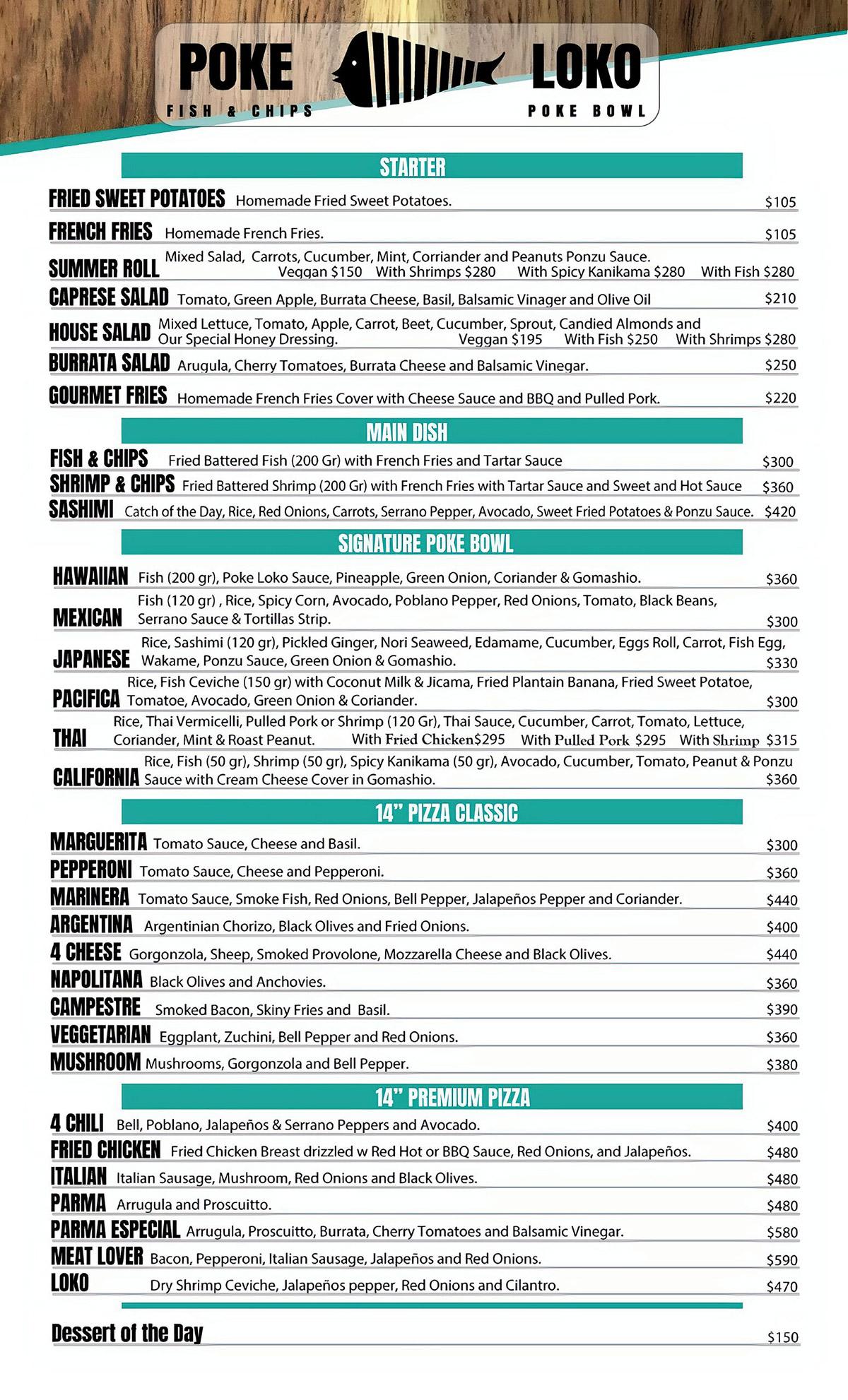 Menu - Poke Loko Restaurant - A fusion of Hawaiian, American, Mexican and European cuisine